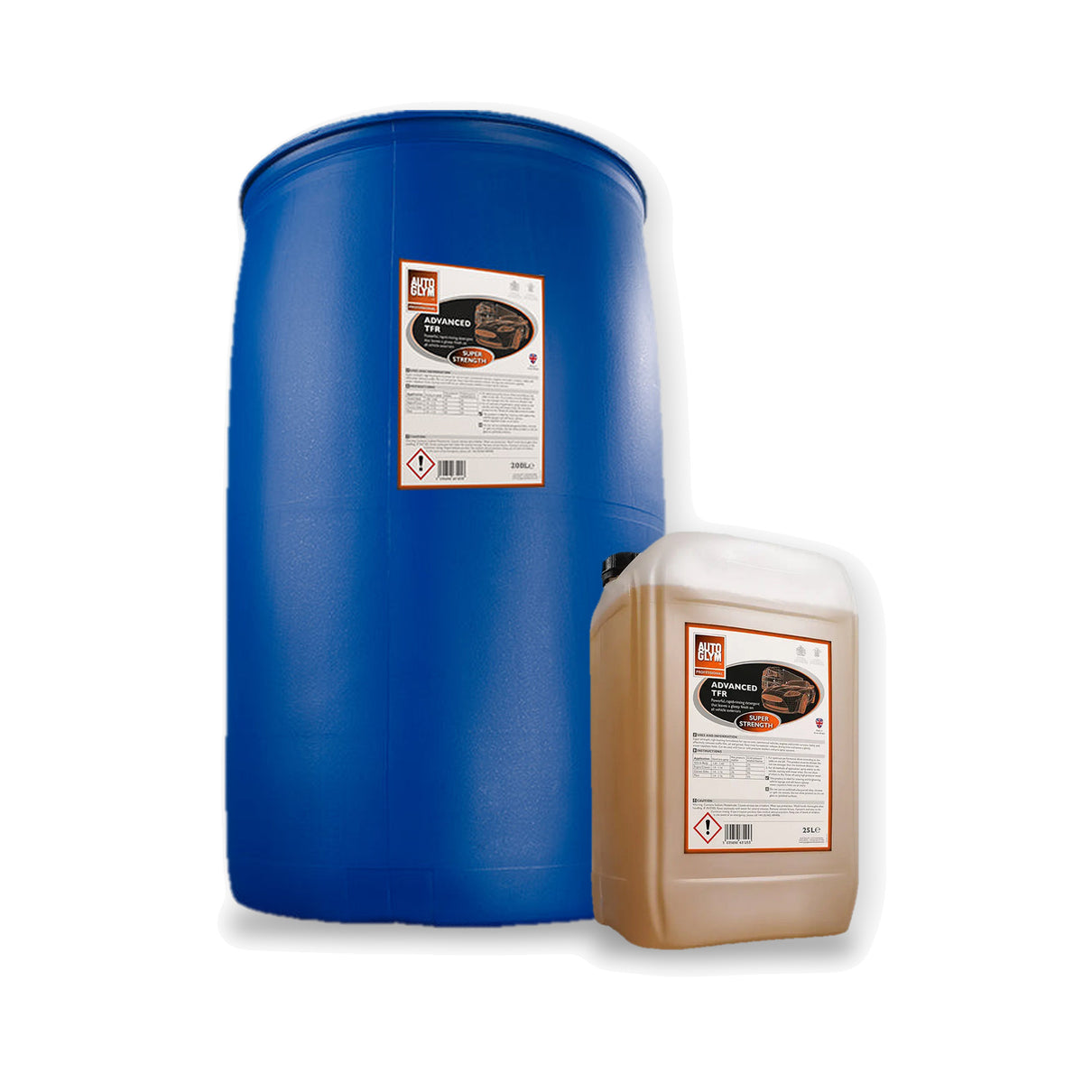 Autoglym Advanced TFR Super Strength i 2 størrelser: 200 liter og 25 liter side om side på hvid baggrund.