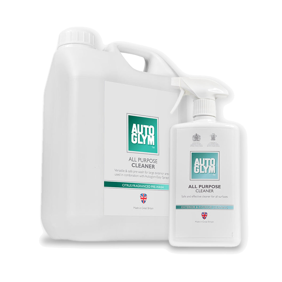 Autoglym All Purpose Cleaner i 2 størrelser: 2,5 liter og 1 liter side om side på hvid baggrund.