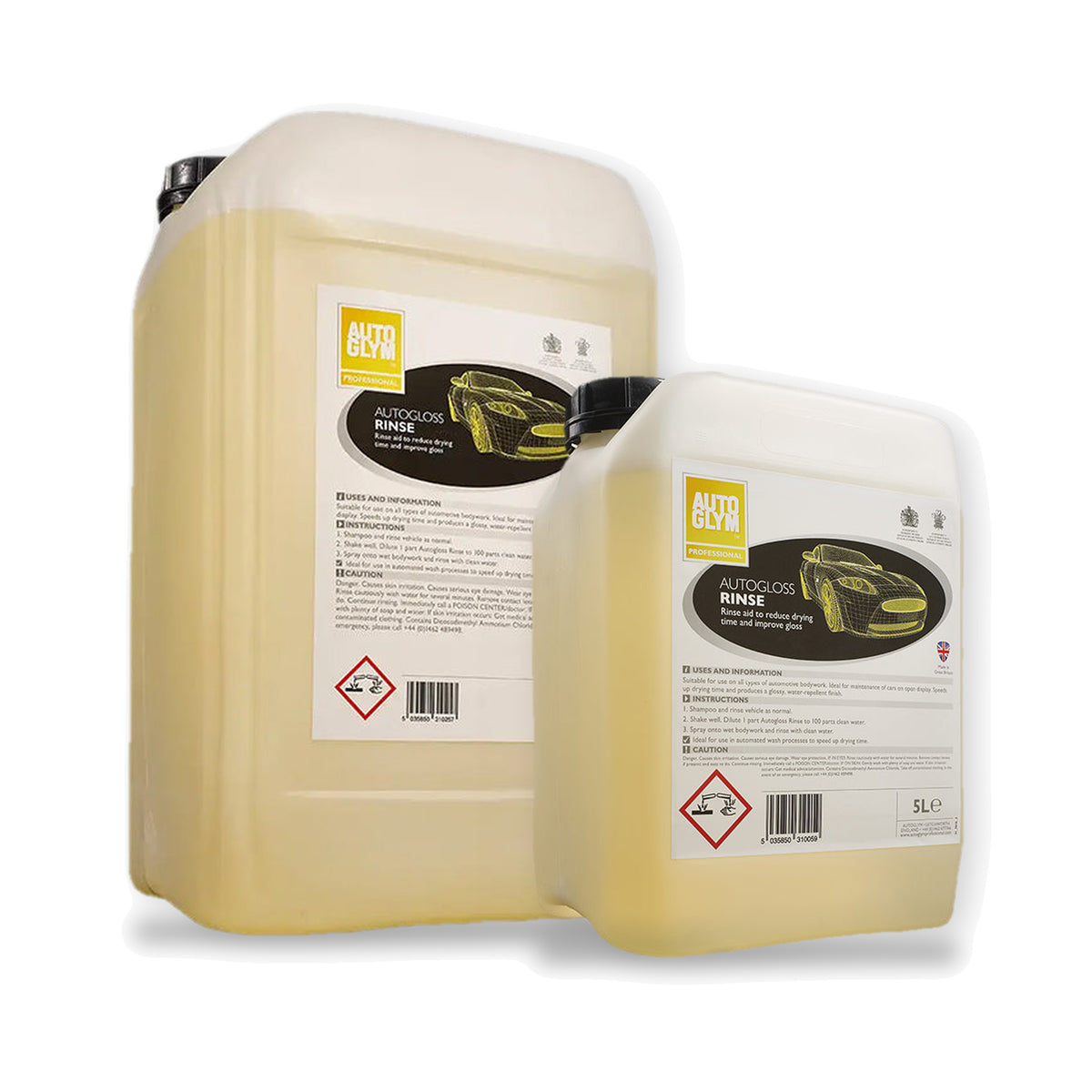 Autoglym Autogloss Rinse i 2 størrelser: 25 liter og 5 liter side om side på hvid baggrund.