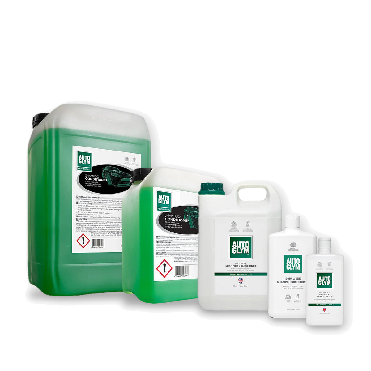 Autoglym Bodywork Shampoo Conditioner i 5 størrelser: 25 liter, 5 liter, 2,5 liter, 1 liter og 500 ml side om side på hvid baggrund.