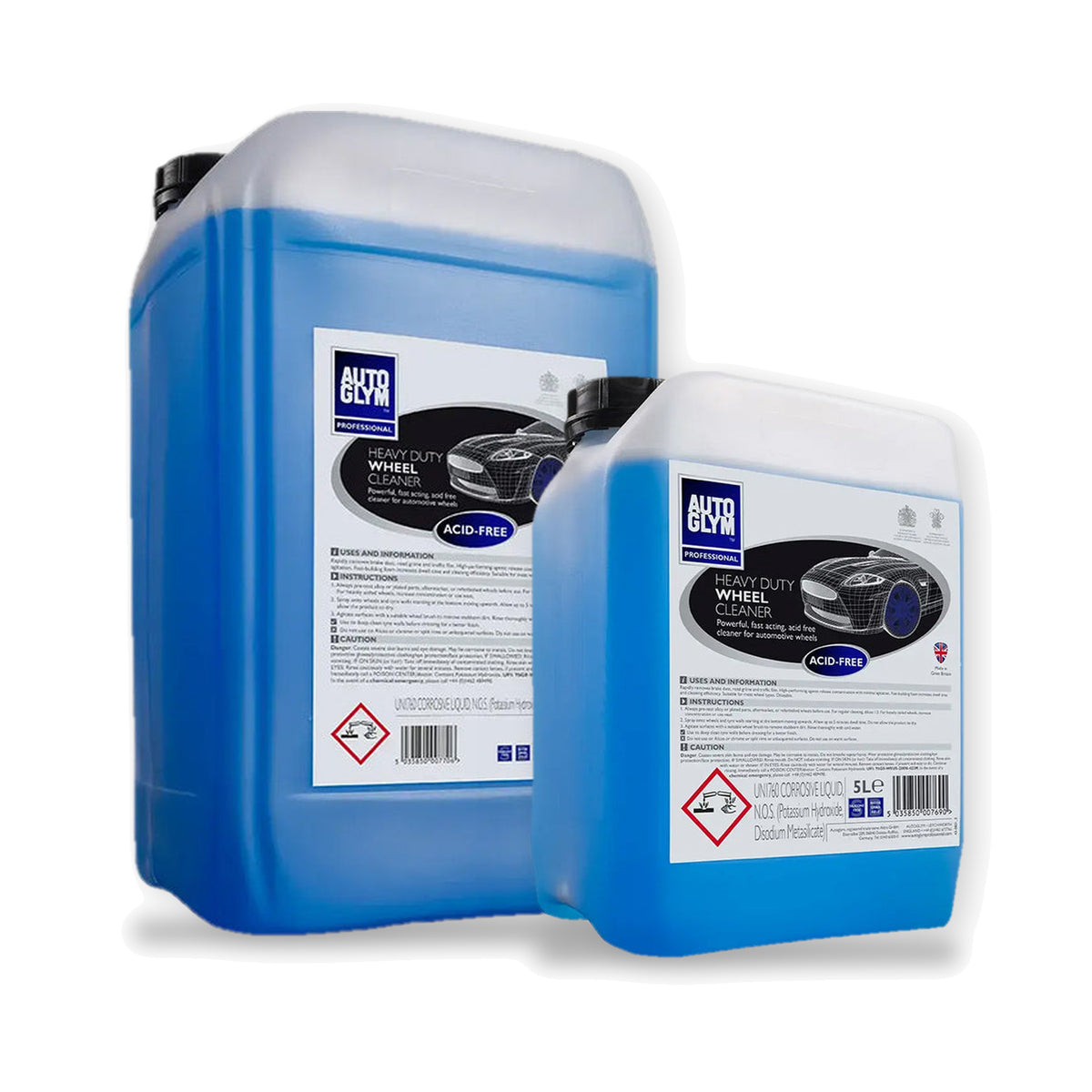 Autoglym Heavy Duty Acid Free Wheel Cleaner i 2 størrelser: 25 liter og 5 liter side om side på hvid baggrund.