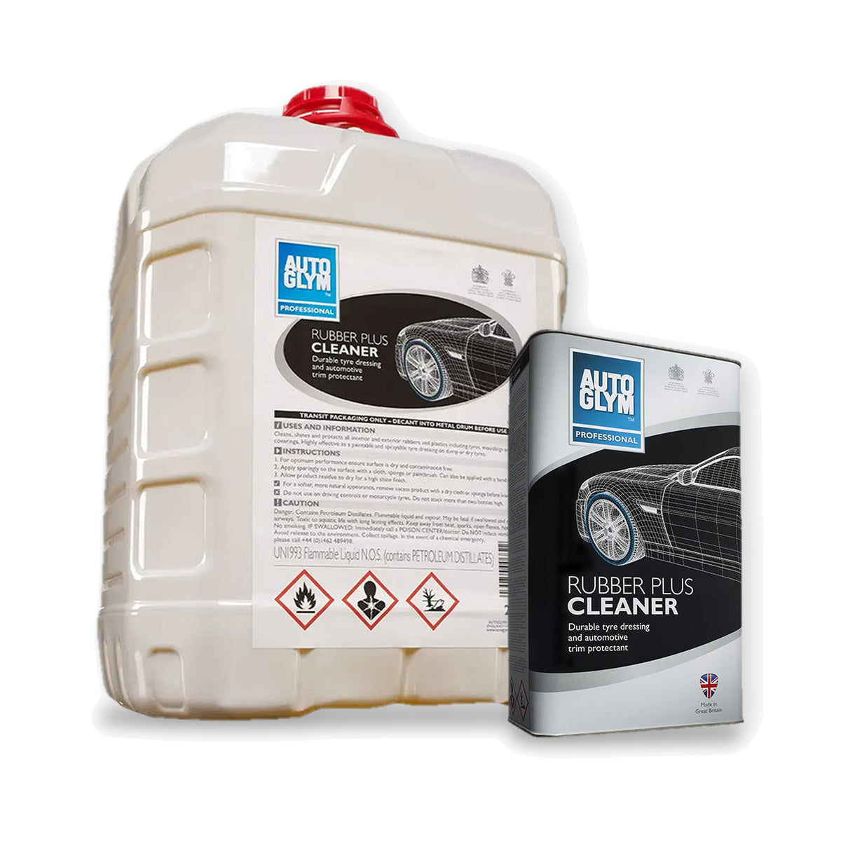 Autoglym Rubber Plus Cleaner i 2 størrelser: 20 liter dunk og 5 liter dåse side om side på hvid baggrund.