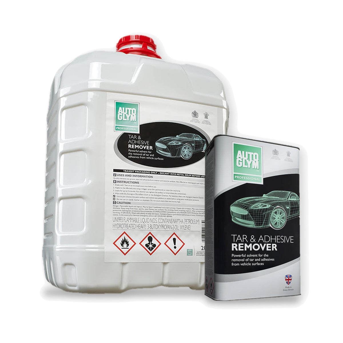 Autoglym Tar & Adhesive Remover i 2 størrelser: 20 liter dunk og 5 liter dåse side om side på hvid baggrund.