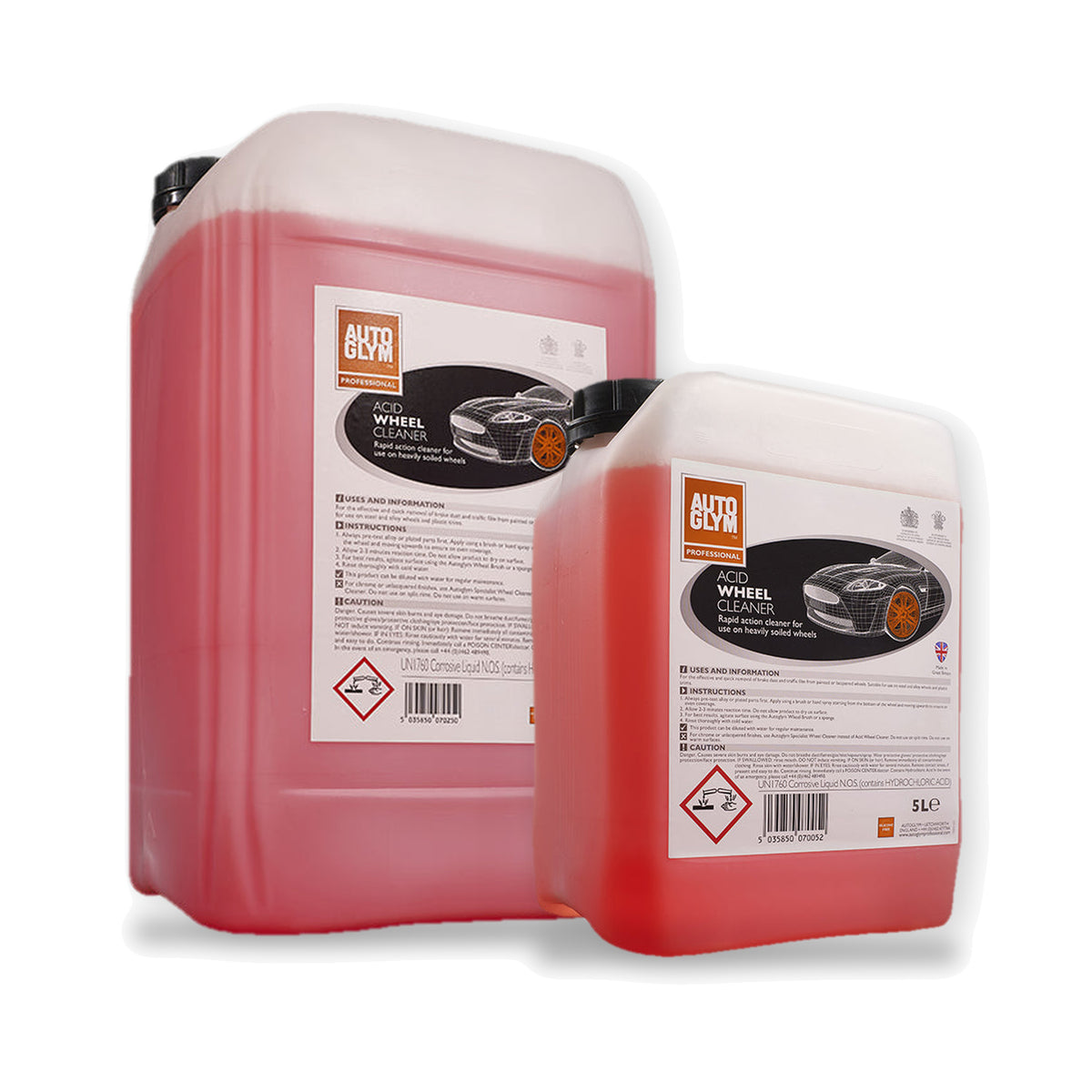 Autoglym Acid Wheel Cleaner i 2 størrelser: 25 liter og 5 liter side om side på hvid baggrund.