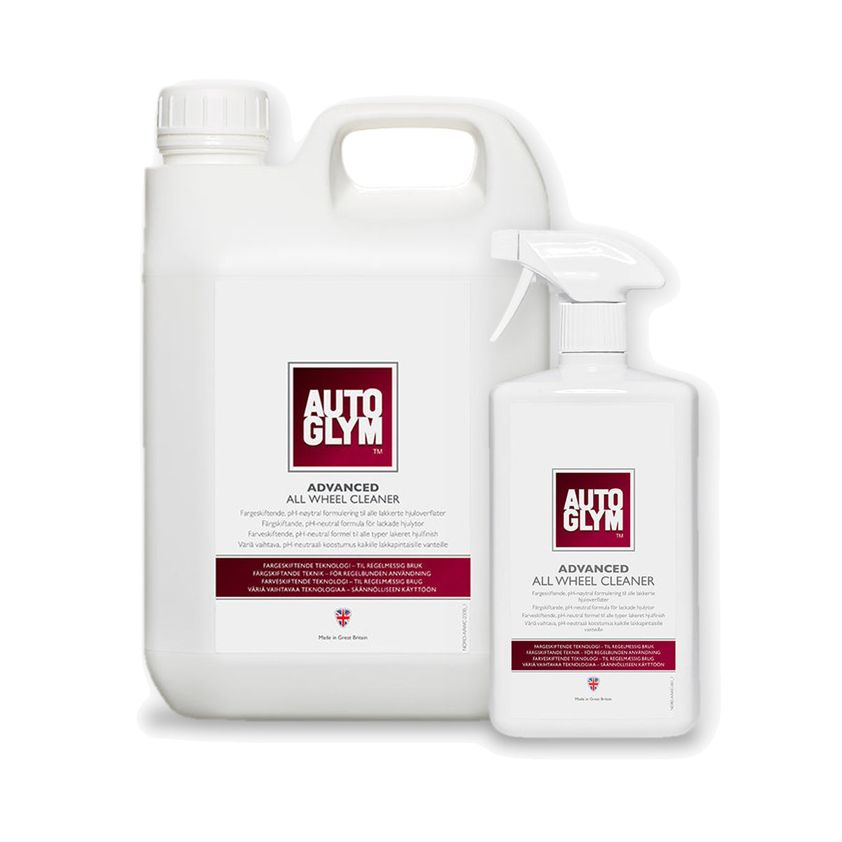 Autoglym Advanced All Wheel Cleaner i 2 størrelser: 2,5 liter og 1 liter side om side på hvid baggrund.
