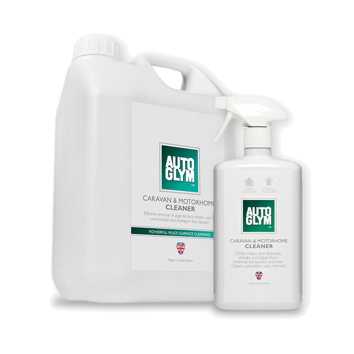 Autoglym Caravan & Motorhome Cleaner i 2 størrelser: 2,5 liter og 1 liter side om side på hvid baggrund.