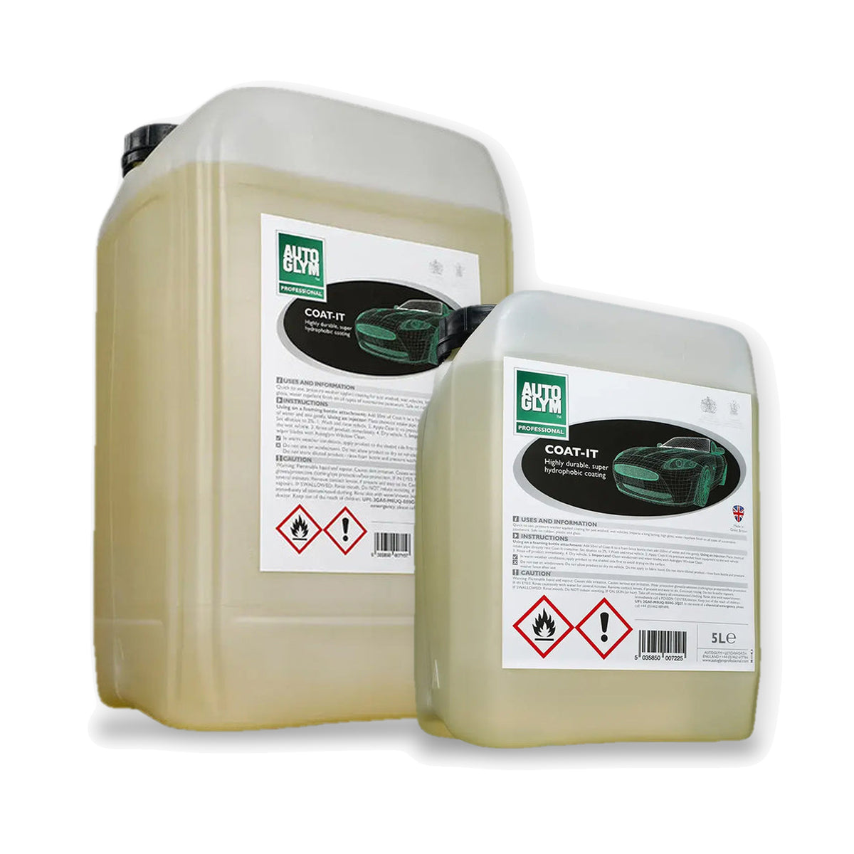 Autoglym Coat-It i 2 størrelser: 25 liter og 5 liter side om side på hvid baggrund.