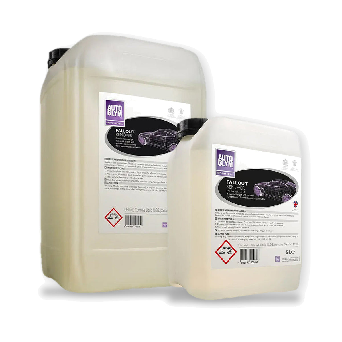 Autoglym Fallout Remover i 2 størrelser: 25 liter og 5 liter side om side på hvid baggrund.