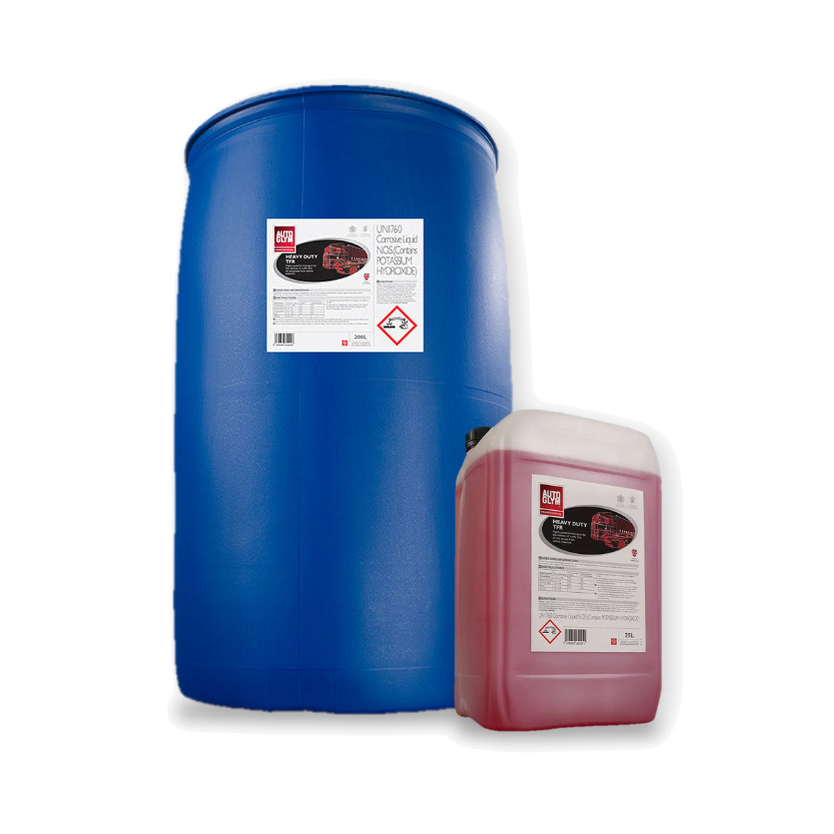 Autoglym Heavy Duty TFR i 2 størrelser: 200 liter og 25 liter side om side på hvid baggrund.