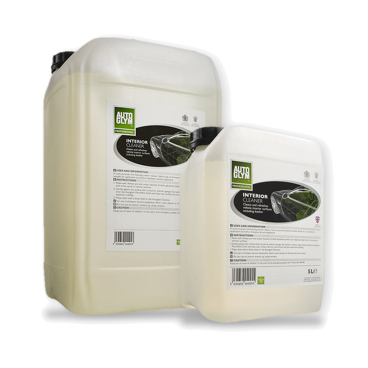 Autoglym Interior Cleaner i 2 størrelser: 25 liter og 5 liter side om side på hvid baggrund.