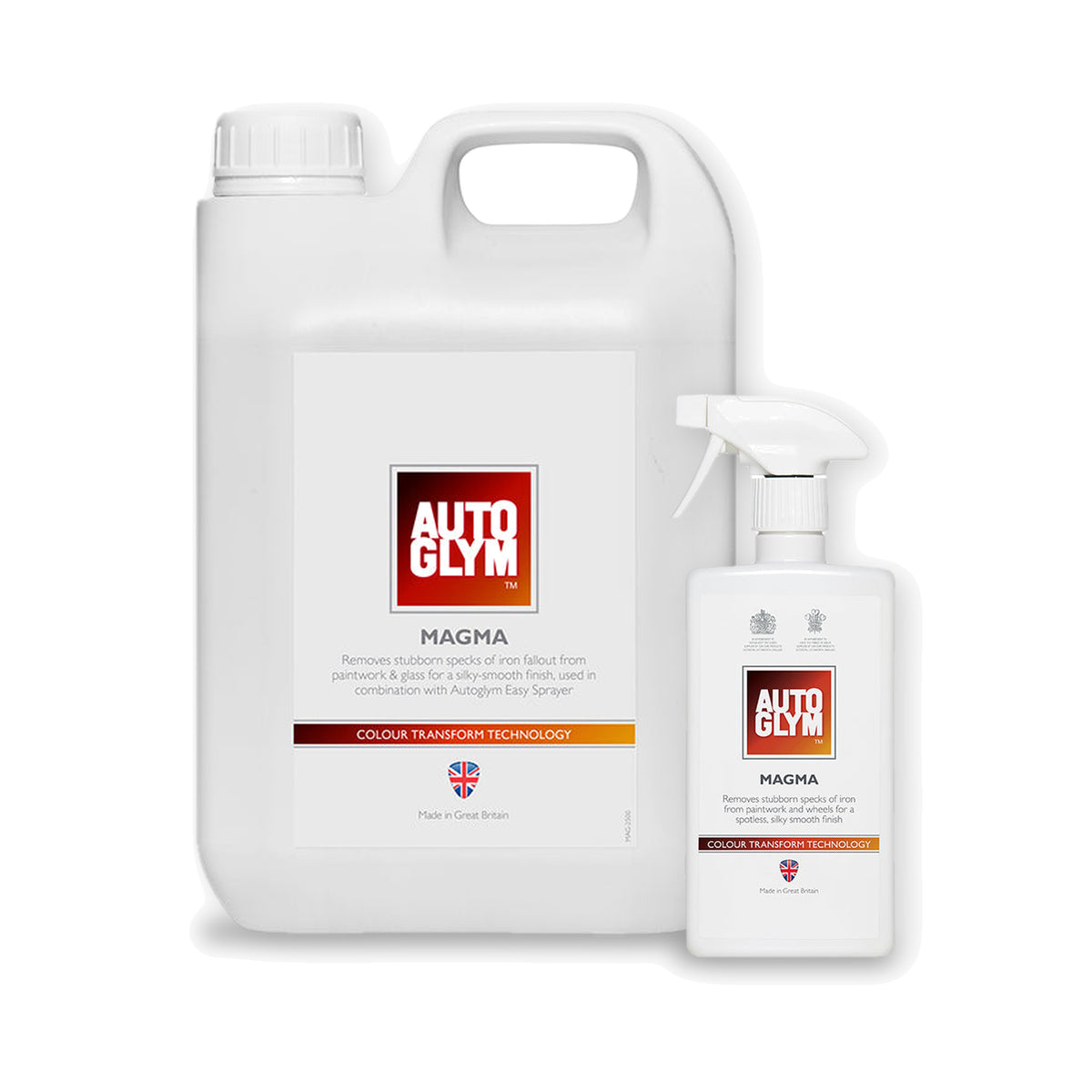 Autoglym Magma i 2 størrelser: 2,5 liter og 500 ml side om side på hvid baggrund.