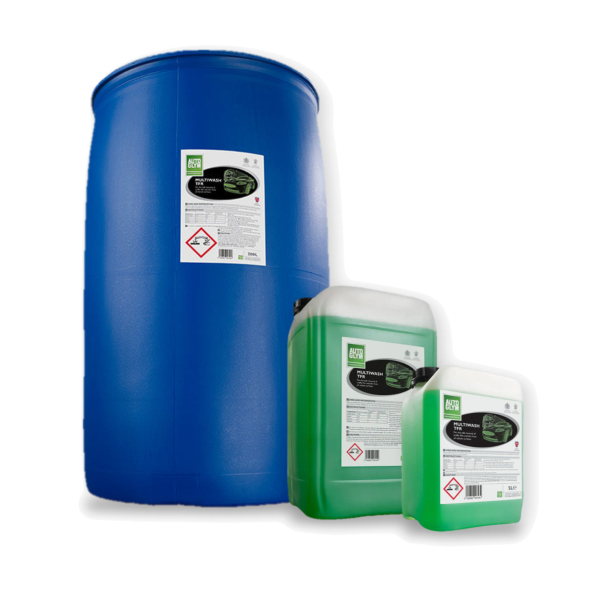 Autoglym Multiwash TFR i 3 størrelser: 200 liter, 25 liter og 5 liter side om side på hvid baggrund.