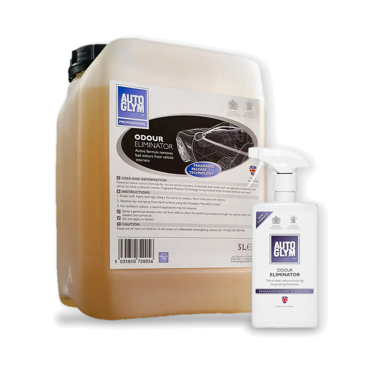Autoglym Odour Eliminator i 2 størrelser: 5 liter og 500 ml side om side på hvid baggrund.