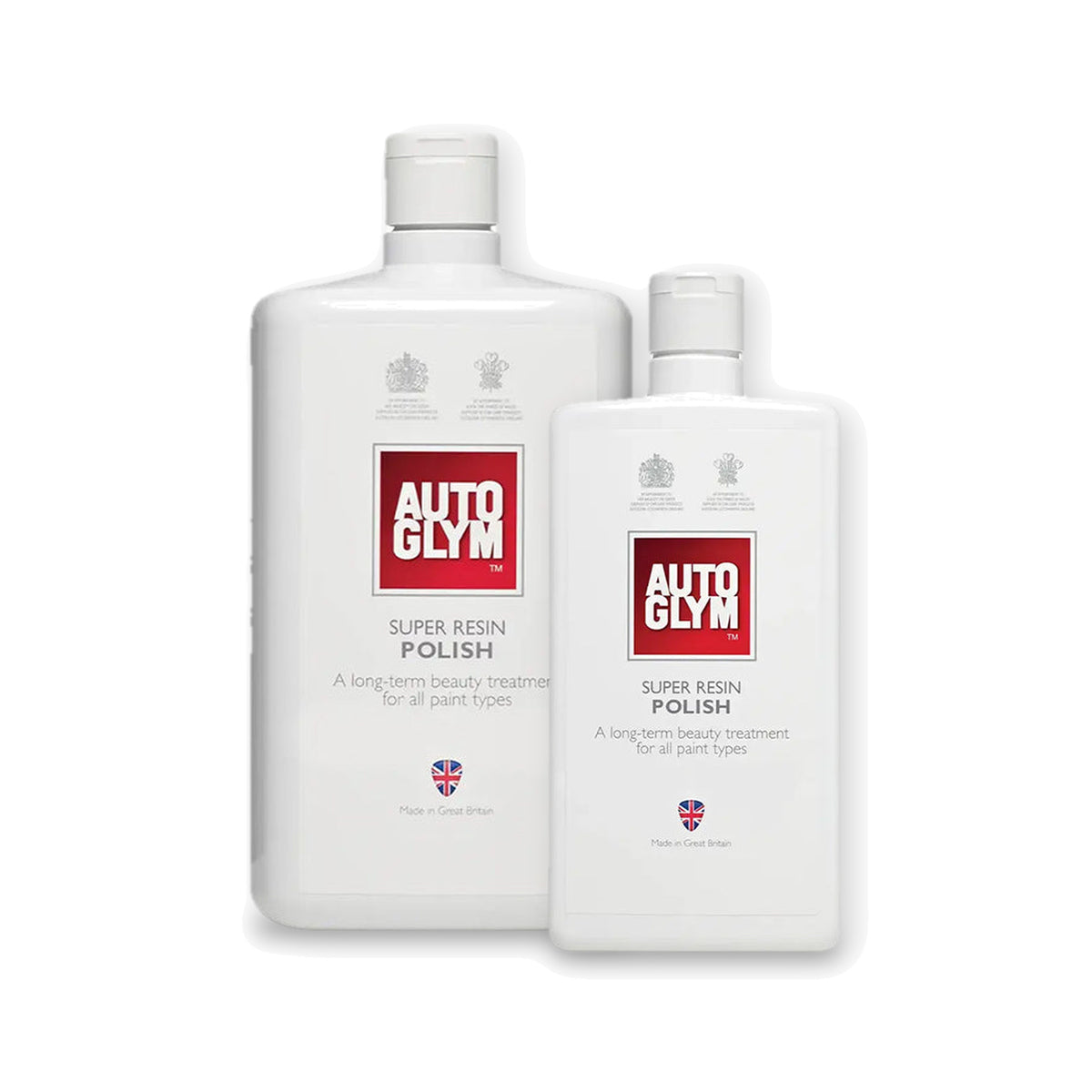 Autoglym Super Resin Polish i begge størrelser: 1 liter og 500 ml flaske side om side på hvid baggrund.