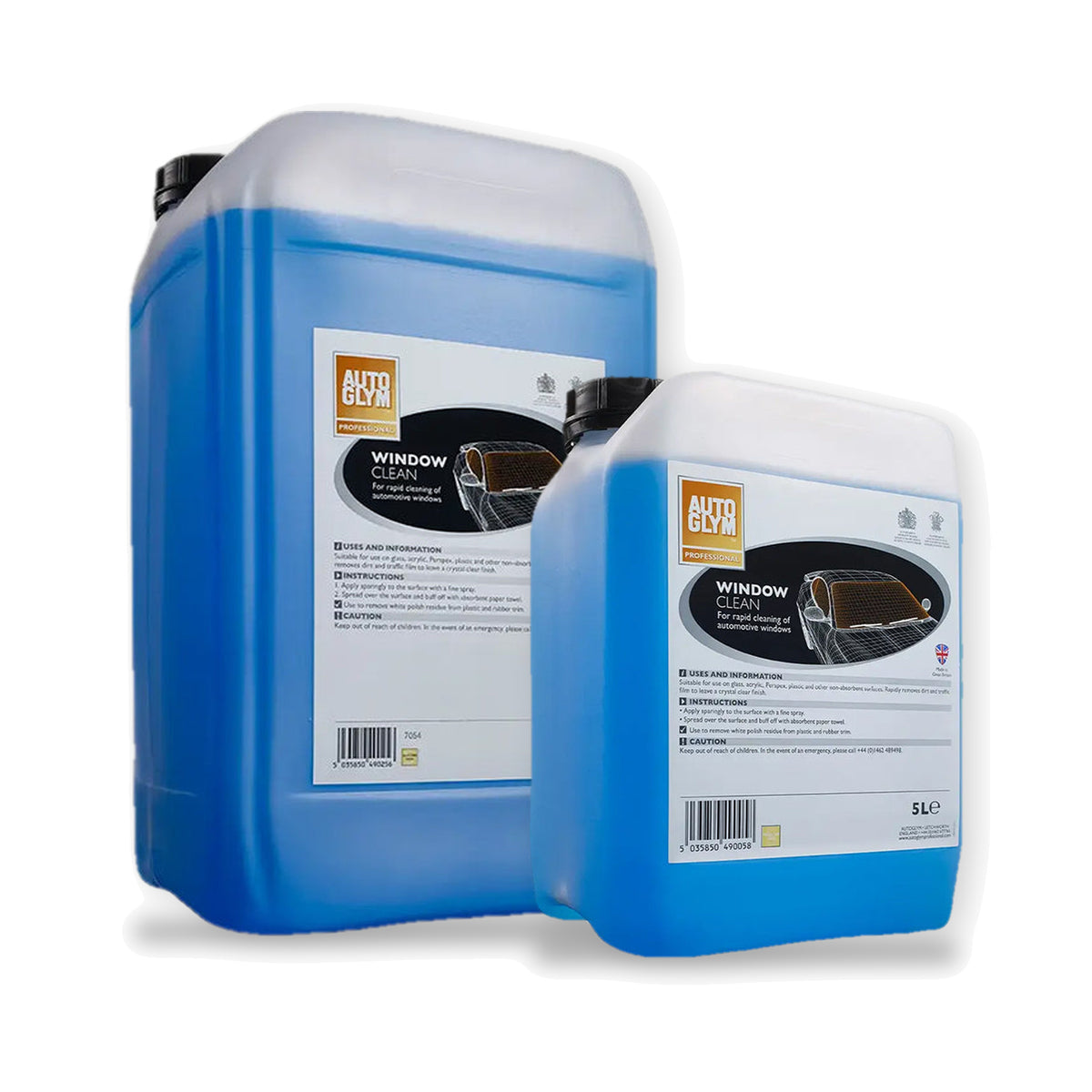 Autoglym Window Clean i 2 størrelser: 25 liter og 5 liter side om side på hvid baggrund.